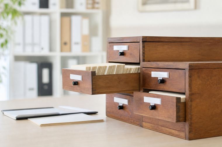 Una cassettiera di legno scuro appoggiata a una parete chiara