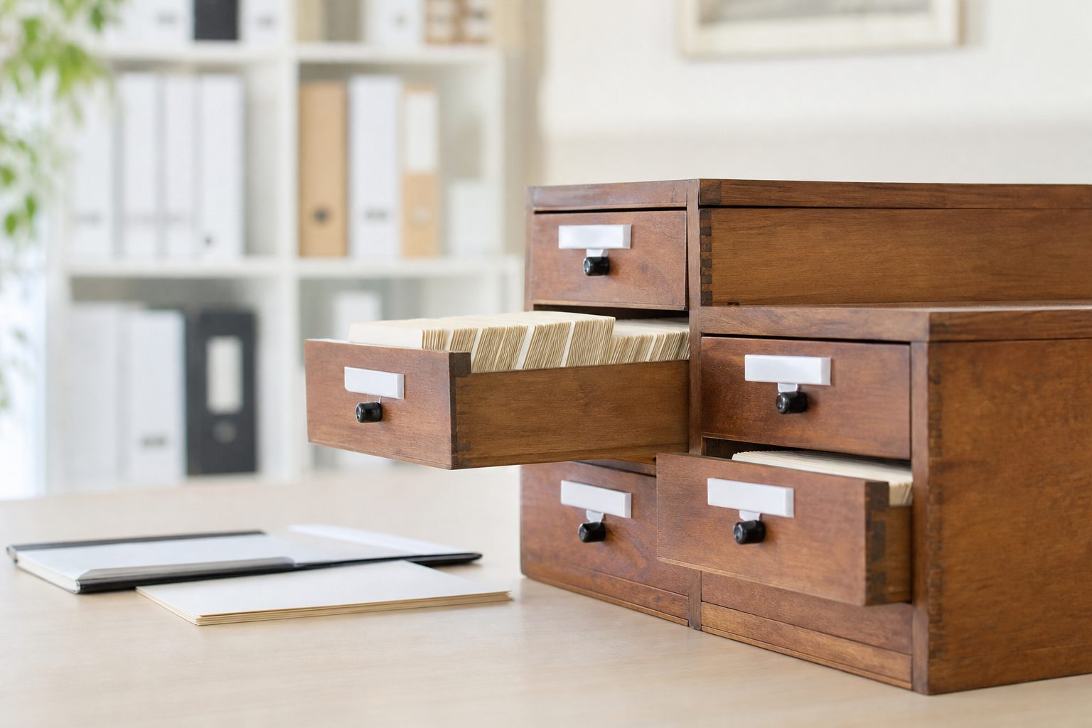 Una cassettiera di legno scuro addossata a una parete chiara di una stanza.